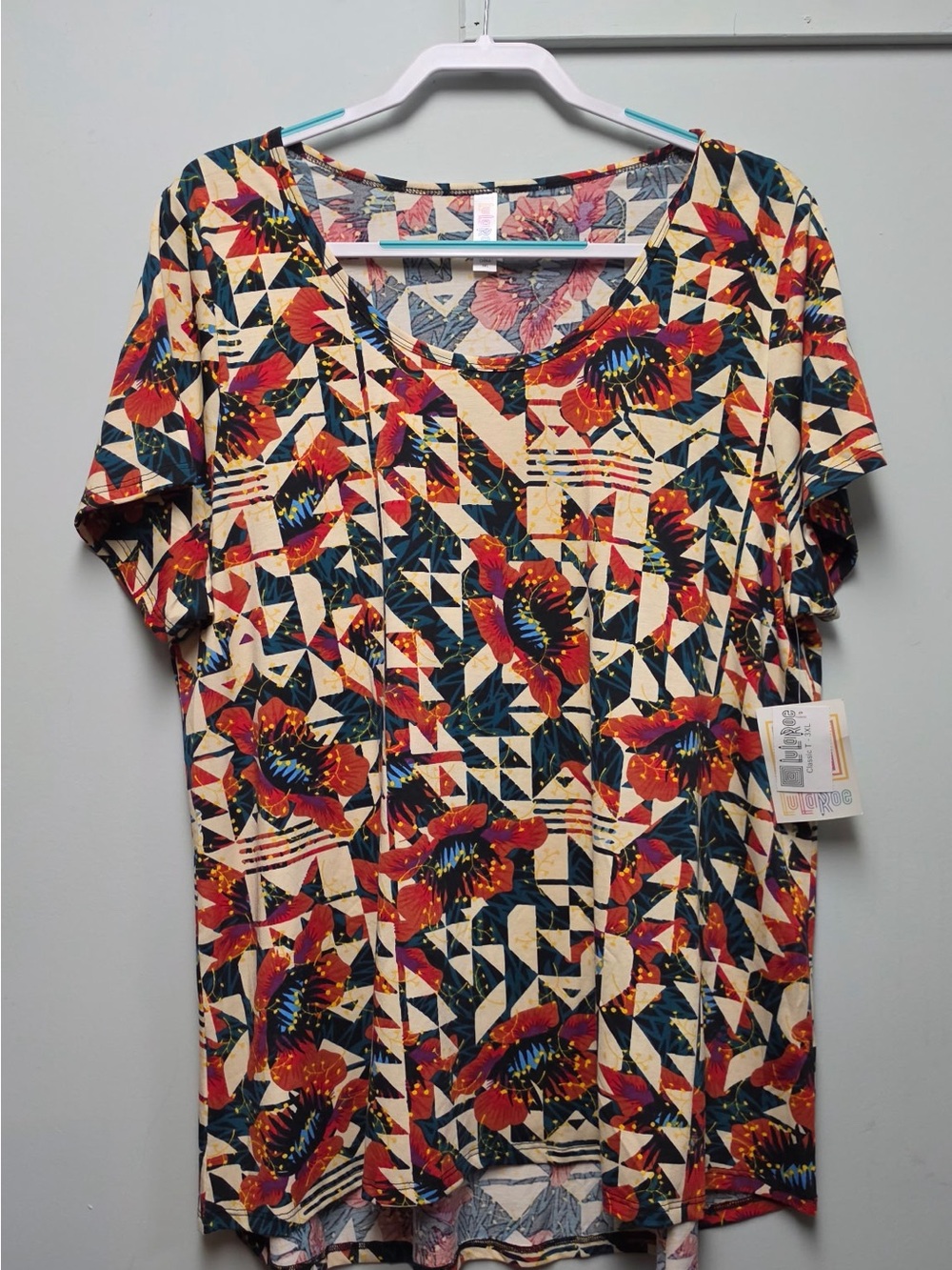LuLaRoe Short Sleeve Floral Geometric Tee - Red, Cream & Navy